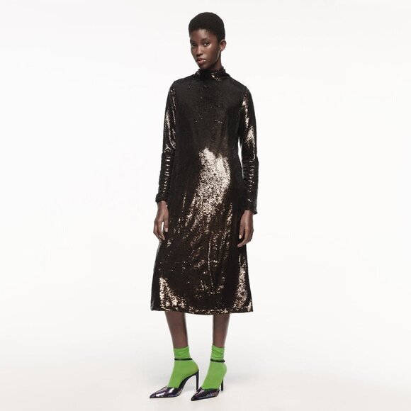 NWT Zara brown sequin long sleeve knit midi holiday dress, S - Picture 2 of 16